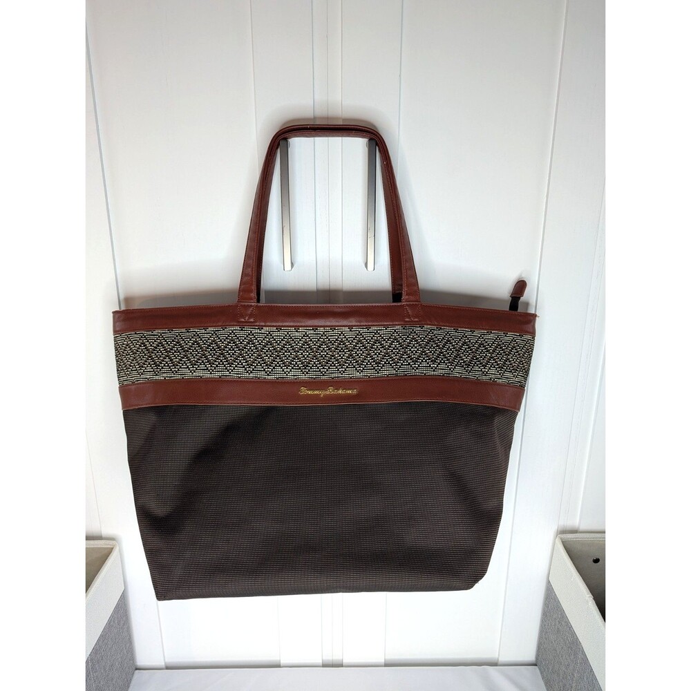Tommy Bahama Travel Tote - Brown Leather Trim & Woven Canvas, EUC